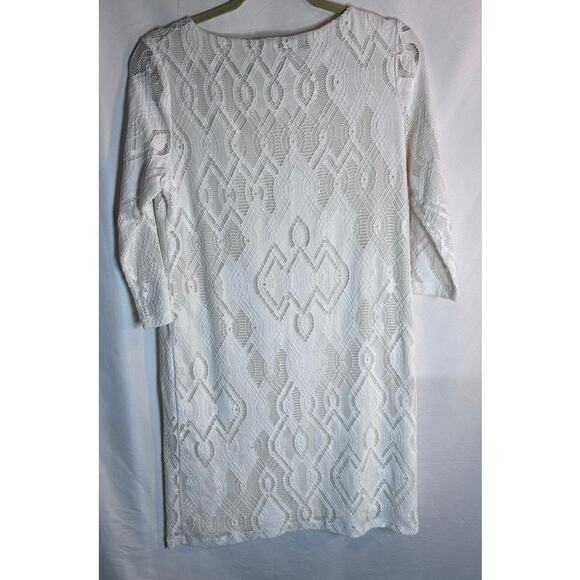 Fuzzi Italy Sheer Lace Bodycon Dress Ivory White 3/4 Sleeve Stretch Mesh Sz M - Picture 2 of 4